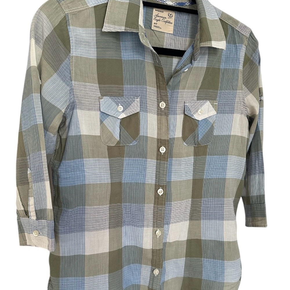 AMERICAN EAGLE WOMENS GREEN/BLUE PLAID LIGHTWEIGHT BUTTON-UP SHIRT SIZE S
